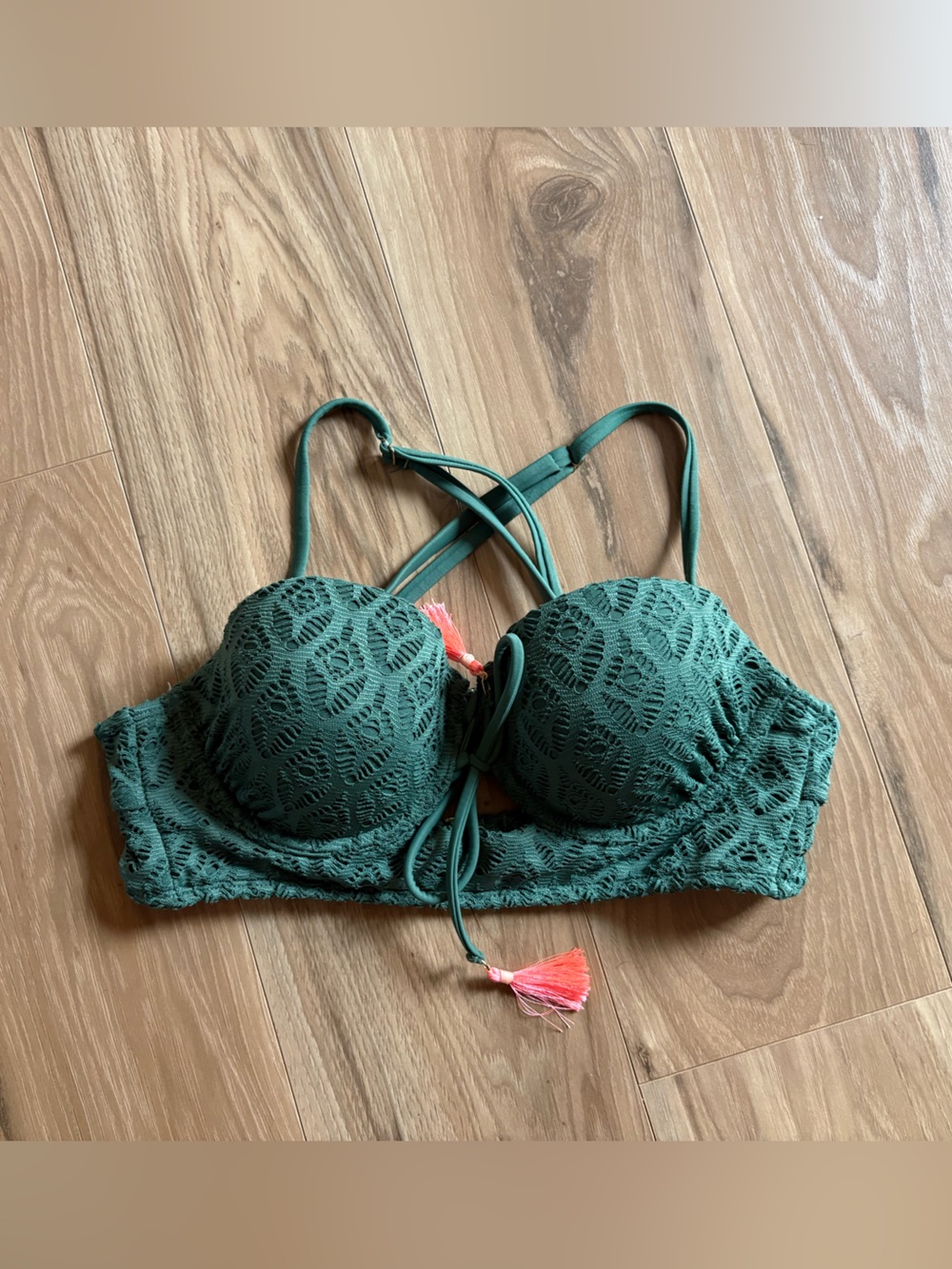 Xhilaration Green Crochet Bikini Top with Coral Tassel Accents